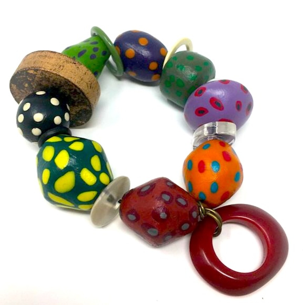Handmade Vintage Chunky Polymer Clay Polka Dot Bead Embellished Stretch Bracelet